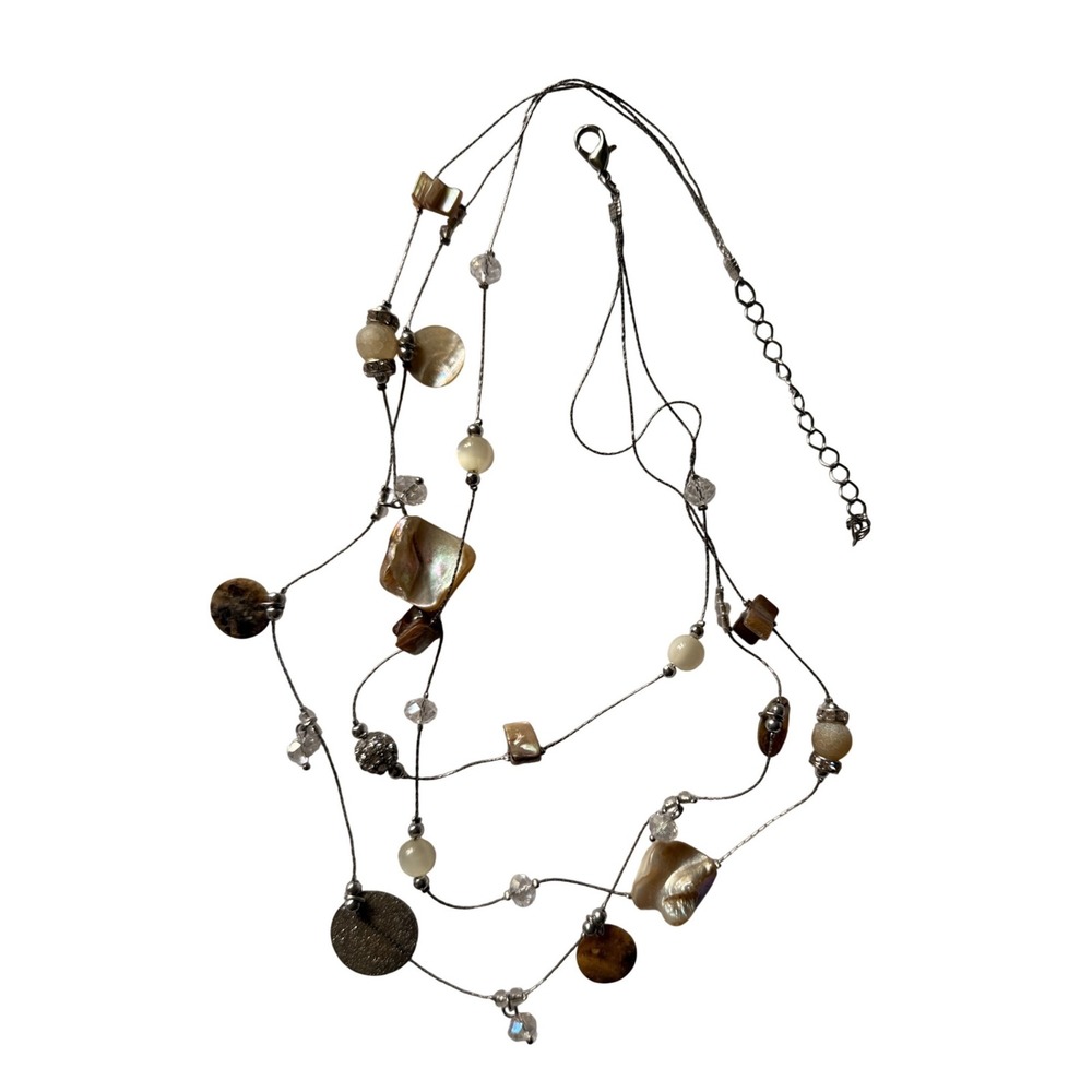 Boho Layered Multi Strand Mother of Pearl Shell Crystal Silver Tone Necklace